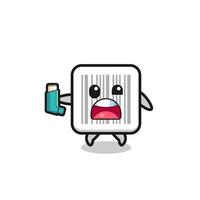 barcode mascot having asthma while holding the inhaler vector