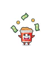 illustration of the instant noodle catching money falling from the sky vector