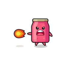 cute strawberry jam mascot is shooting fire power vector