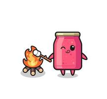 strawberry jam character is burning marshmallow vector