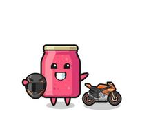 cute strawberry jam cartoon as a motorcycle racer vector