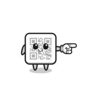 mascota de código qr con gesto de apuntar hacia la derecha vector