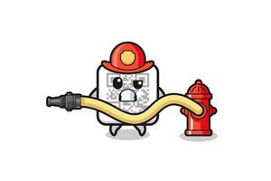 qr code cartoon as firefighter mascot with water hose vector