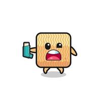 raw instant noodle mascot having asthma while holding the inhaler vector