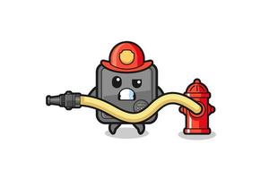 caricatura de caja segura como mascota de bombero con manguera de agua vector