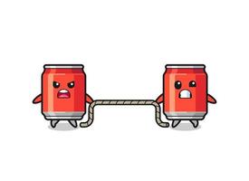 cute drink can character is playing tug of war game vector