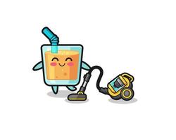 cute orange juice holding vacuum cleaner illustration vector