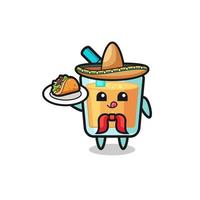 orange juice Mexican chef mascot holding a taco vector