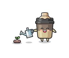 cute coffee cup is watering plant seeds vector