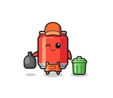 the mascot of cute drink can as garbage collector vector