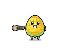 corn mascot holding flashlight vector