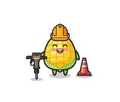 road worker mascot of corn holding drill machine vector