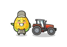 the corn farmer mascot standing beside a tractor vector