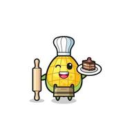 corn as pastry chef mascot hold rolling pin vector