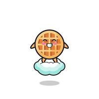 cute circle waffle illustration riding a floating cloud vector