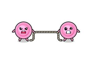 cute clothing button character is playing tug of war game vector