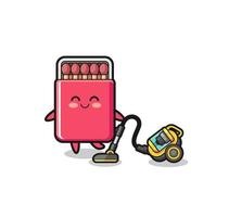 cute matches box holding vacuum cleaner illustration vector