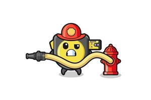 tape measure cartoon as firefighter mascot with water hose vector