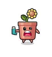 sunflower pot mascot having asthma while holding the inhaler vector