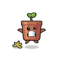 plant pot cartoon is slip on a banana peel vector