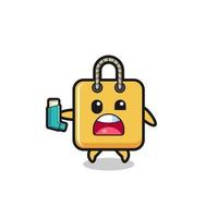 shopping bag mascot having asthma while holding the inhaler vector