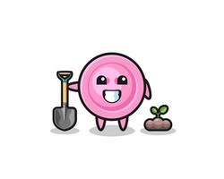 cute clothing button cartoon is planting a tree seed vector