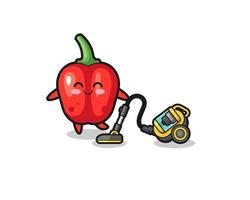 cute red bell pepper holding vacuum cleaner illustration vector