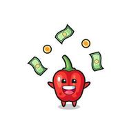 illustration of the red bell pepper catching money falling from the sky vector