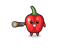 red bell pepper mascot holding flashlight vector