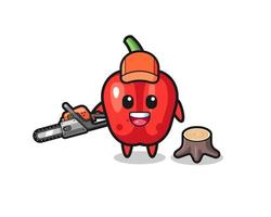 red bell pepper lumberjack character holding a chainsaw vector