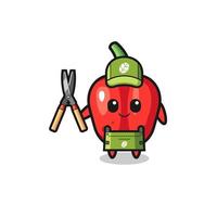 cute red bell pepper as gardener mascot vector