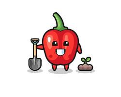 cute red bell pepper cartoon is planting a tree seed vector