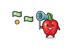 illustration of the red bell pepper catching flying money vector