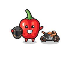 linda caricatura de pimiento rojo como corredor de motocicletas vector