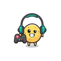 potato chip gamer mascot holding a game controller vector