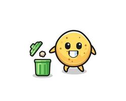 illustration of the potato chip throwing garbage in the trash can vector