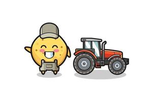 the potato chip farmer mascot standing beside a tractor vector