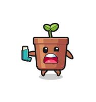 plant pot mascot having asthma while holding the inhaler vector
