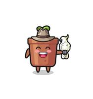 plant pot zookeeper mascot with a parrot vector