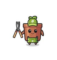 cute plant pot as gardener mascot vector