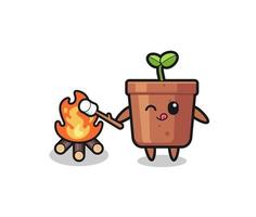 plant pot character is burning marshmallow vector