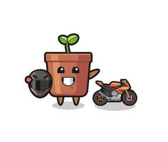 cute plant pot cartoon as a motorcycle racer vector