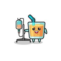 cute orange juice character standing with infusion pole vector