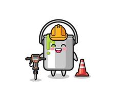 road worker mascot of paint tin holding drill machine vector