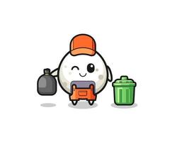 the mascot of cute onigiri as garbage collector vector
