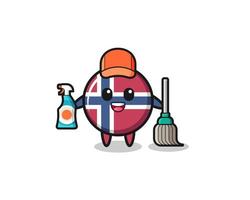 lindo personaje de la bandera de noruega como mascota de los servicios de limpieza vector