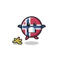la caricatura de la bandera de noruega se desliza sobre una cáscara de plátano vector