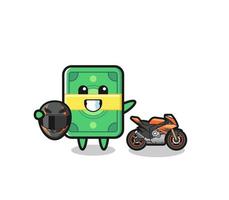 cute money cartoon as a motorcycle racer vector