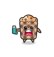 muffin mascot having asthma while holding the inhaler vector