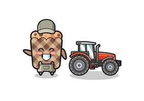 the muffin farmer mascot standing beside a tractor vector